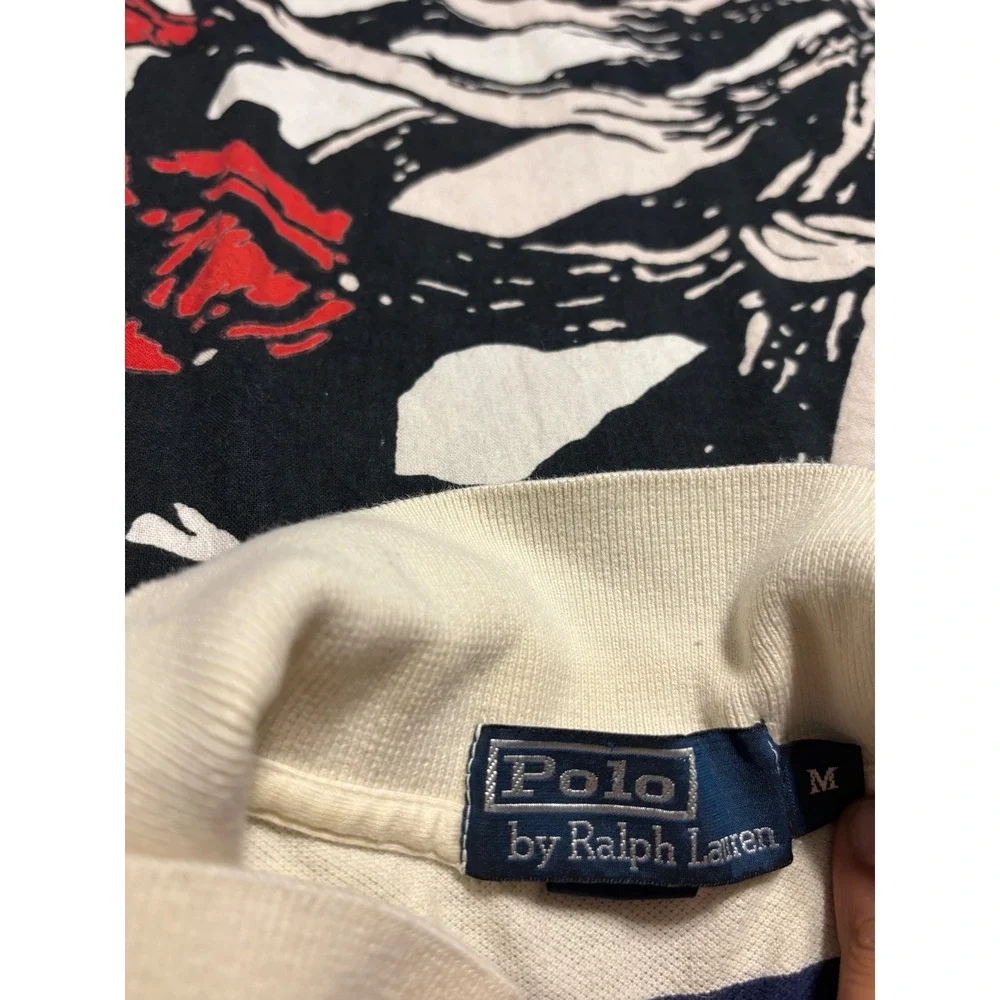 Polo Ralph Lauren Mens Medium Striped Polo Shirt Cream Navy Blue Red Pony Logo
